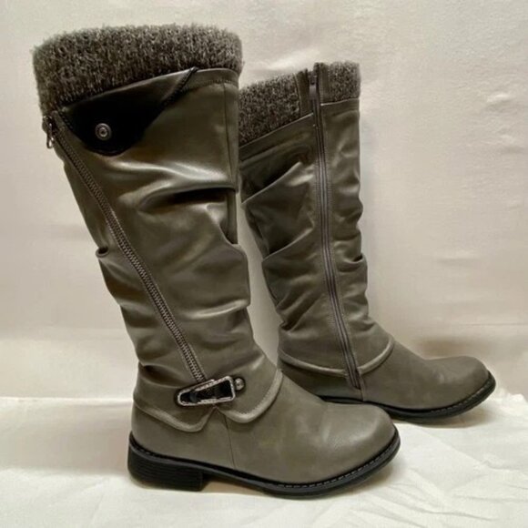 Riding Boots Gracosy Women's 39, US 8.5 Gray Leather Knee High Zipper Buckle EUC - Picture 2 of 15